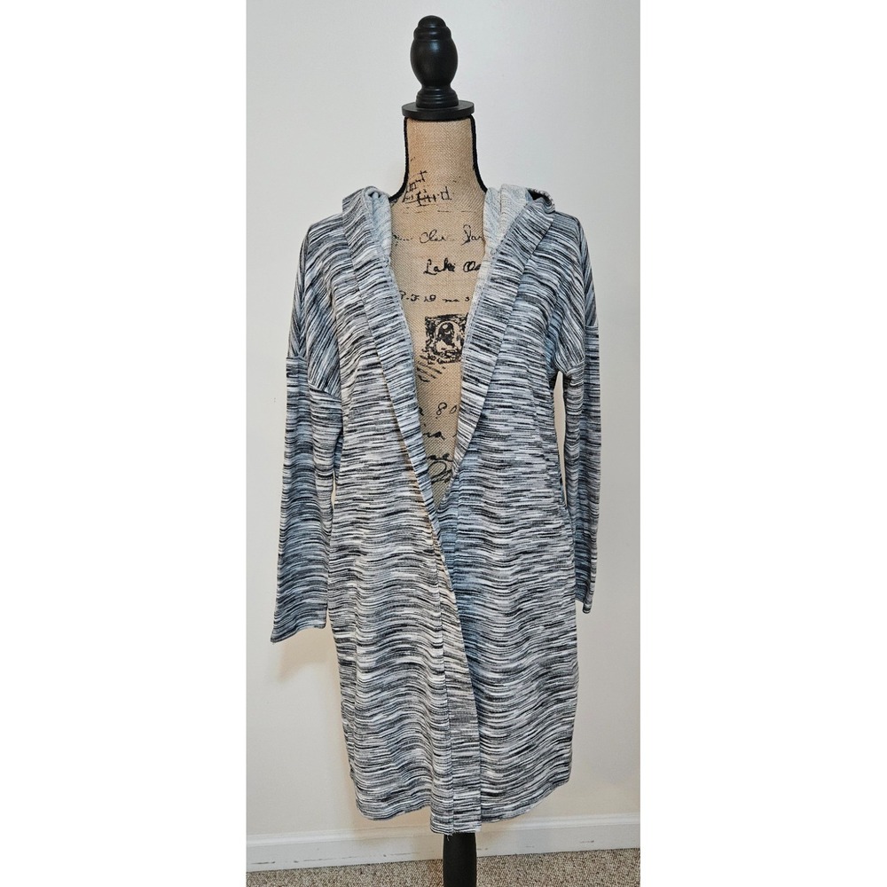 Hooded Cardigan Knit Open Front Long Sleeve Duster Sweater Gray‎ Striped